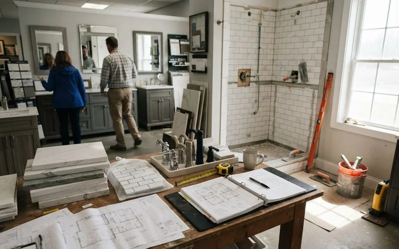 A homeowner and a licensed bathroom remodeling contractor reviewing tile samples and a renovation plan at a kitchen table