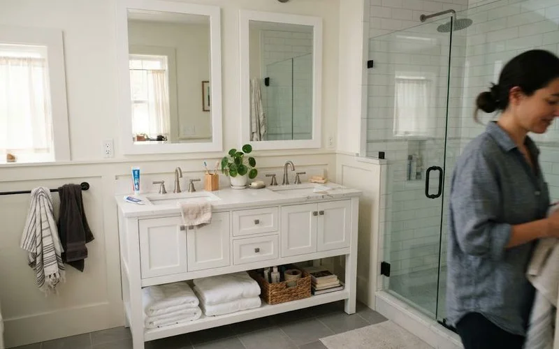Close up of a renovated bathroom shower with new tile, glass door, and modern fixtures representing a completed remodeling project